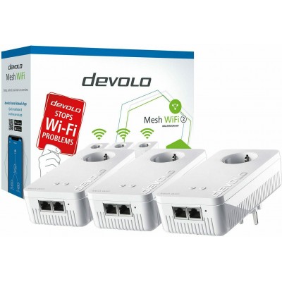 Devolo Mesh WiFi 2 Powerline Τριπλού Kit για Ασύρματη Σύνδεση Wi‑Fi 5 με Passthrough Πρίζα και 2 Θύρες Gigabit Ethernet