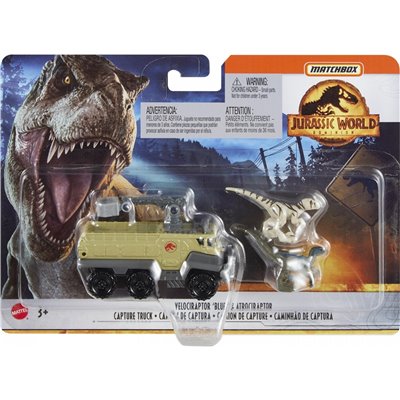 MATCHBOX Jurassic World Αυτοκινητακια &amp Δεινοσαυροι Σετ Velociraptor Blue &amp Atrociraptor Capture Truck 