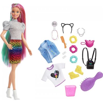 Mattel Barbie Leopard Rainbow Hair Ξανθιά Κούκλα Color-change Hair Feature, 16 Αξεσουάρ 