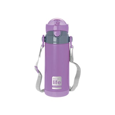 eco life Μεταλλικός Θερμός Παιδικός 400ml Λιλά με εσωτερικό καλαμάκι &amp ιμάντα μεταφοράς 