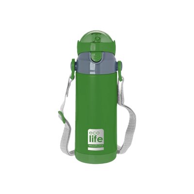 eco life Μεταλλικός Θερμός Παιδικός 400ml Πράσινο με εσωτερικό καλαμάκι &amp ιμάντα μεταφοράς 