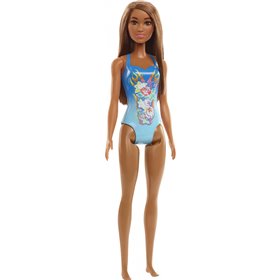 Mattel Barbie Beach Water Play Κούκλα Με Γαλάζιο Μαγιό και Φλόγες με Λουλούδια Σχέδια 
