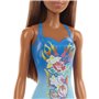 Mattel Barbie Beach Water Play Κούκλα Με Γαλάζιο Μαγιό και Φλόγες με Λουλούδια Σχέδια 