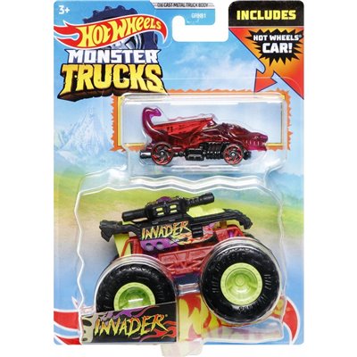 Mattel Hot Wheels Όχημα Monster Trucks με Αυτοκινητάκι Invader 