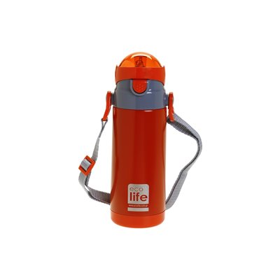 eco life Kids Thermos Red 400ml Ανοξείδωτο παγουράκι θερμός, με εσωτερικό καλαμάκι &amp ιμάντα μεταφοράς 