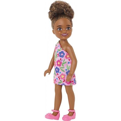 Mattel Τσελσι και Φιλες Barbie Chelsea Brunette Curly Hair One-Shoulder Flower-Print Dress And Pink Shoes 