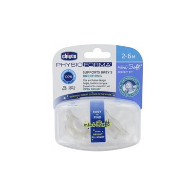 Chicco Πιπίλα Όλο Σιλικόνη Physio Mini Soft 2-6Μ Που Φωσφορίζει 2Τμχ 