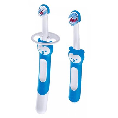 MAM Learn To Brush Set Εκπαιδευτική Οδοντόβουρτσα + Βρεφική Οδοντόβουρτσα - Μπλε - 2Τεμάχια (5M+) 