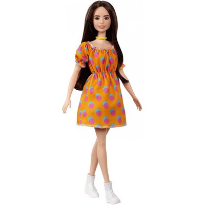 Mattel Barbie Fashionistas Original Μελαχρινή Κούκλα Με Φόρεμα Dotted Πορτοκαλί 