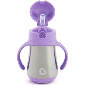 Munchkin Παιδικό Ποτηράκι με Λαβές και Καλαμάκι "Cool Cat" από Μέταλλο Μωβ 237ml για 18m+