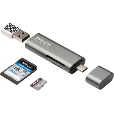 PNY Card Reader Type-C για SD/microSD ΑσημίΚωδικός: R-TC-UA-3N1E01-RB 