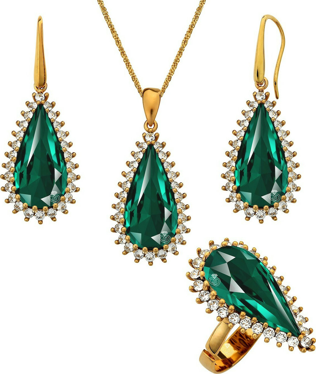 "Σέτ ( Κολιέ Σέτ ( Κολιέ, Σκουλαρίκια, Δαχτυλίδι ) Σε Ασήμι 925 ΜΕ Χρύσωμα Κ18 Και Πράσινες σκούρες πέτρες P.Q. CRYSTALS AS-58688GSG1