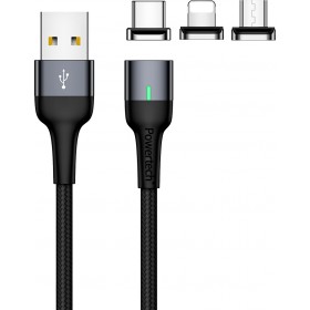 Powertech Braided / Magnetic USB to Lightning / Type-C / micro USB Cable Μαύρο 1m (PT-754)
