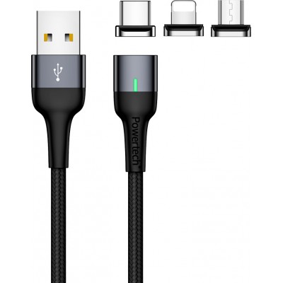 Powertech Braided / Magnetic USB to Lightning / Type-C / micro USB Cable Μαύρο 1m (PT-754)