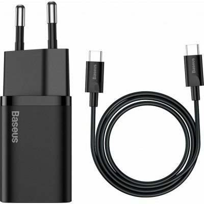 Baseus Φορτιστής με Θύρα USB-C και Καλώδιο USB-C 25W Μαύρος (Super Si)