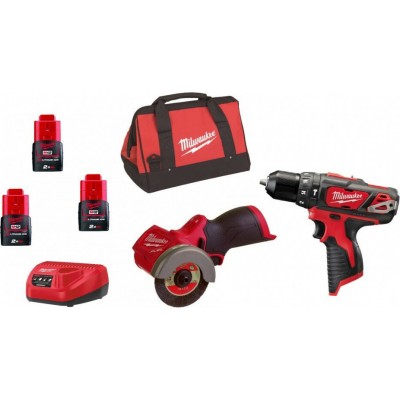 Milwaukee M12 BPDFCOT2A-202B Σετ Γωνιακός Τροχός &amp Δραπανοκατσάβιδο 12V με 3 Μπαταρίες 2Ah και Θήκη